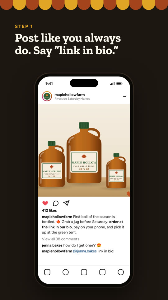 Instagram post of maple syrup jugs with a caption saying order at the link in our bio