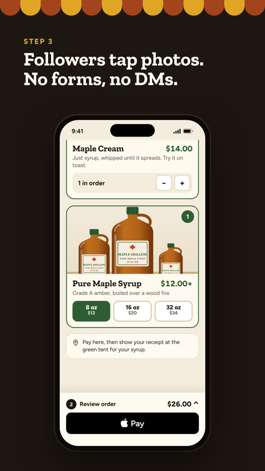 SnapCart shop with Maple Cream added and the 8 ounce syrup selected, total $26