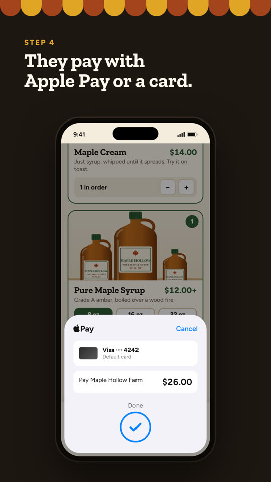 Apple Pay sheet confirming $26 to Maple Hollow Farm
