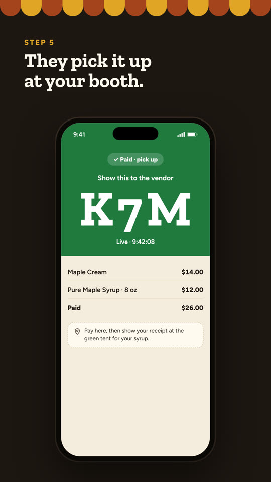 Green paid screen showing order code K7M and the pickup note