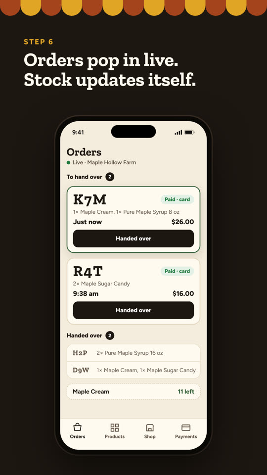 Vendor dashboard with the new order under To hand over