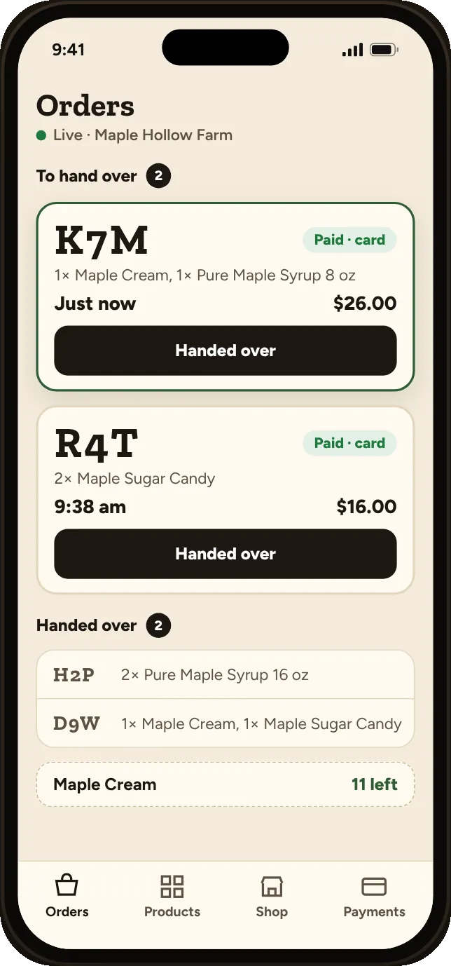 The vendor’s live order list: two paid orders to hand over and 11 maple creams left