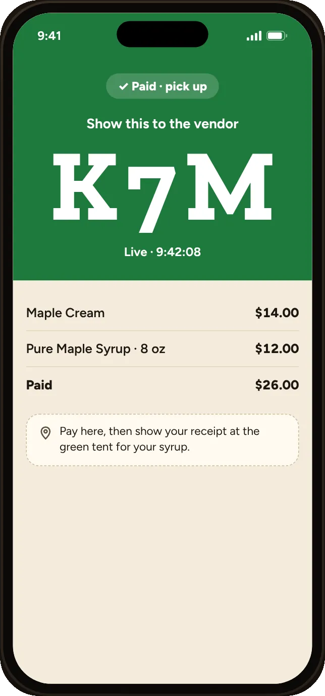 The shopper’s paid screen with the big order code K7M to show the vendor