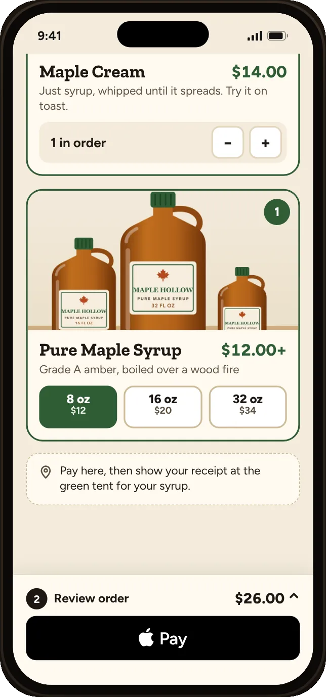 A shopper’s phone on a shop page: maple syrup in three sizes, one item in the order and an Apple Pay button